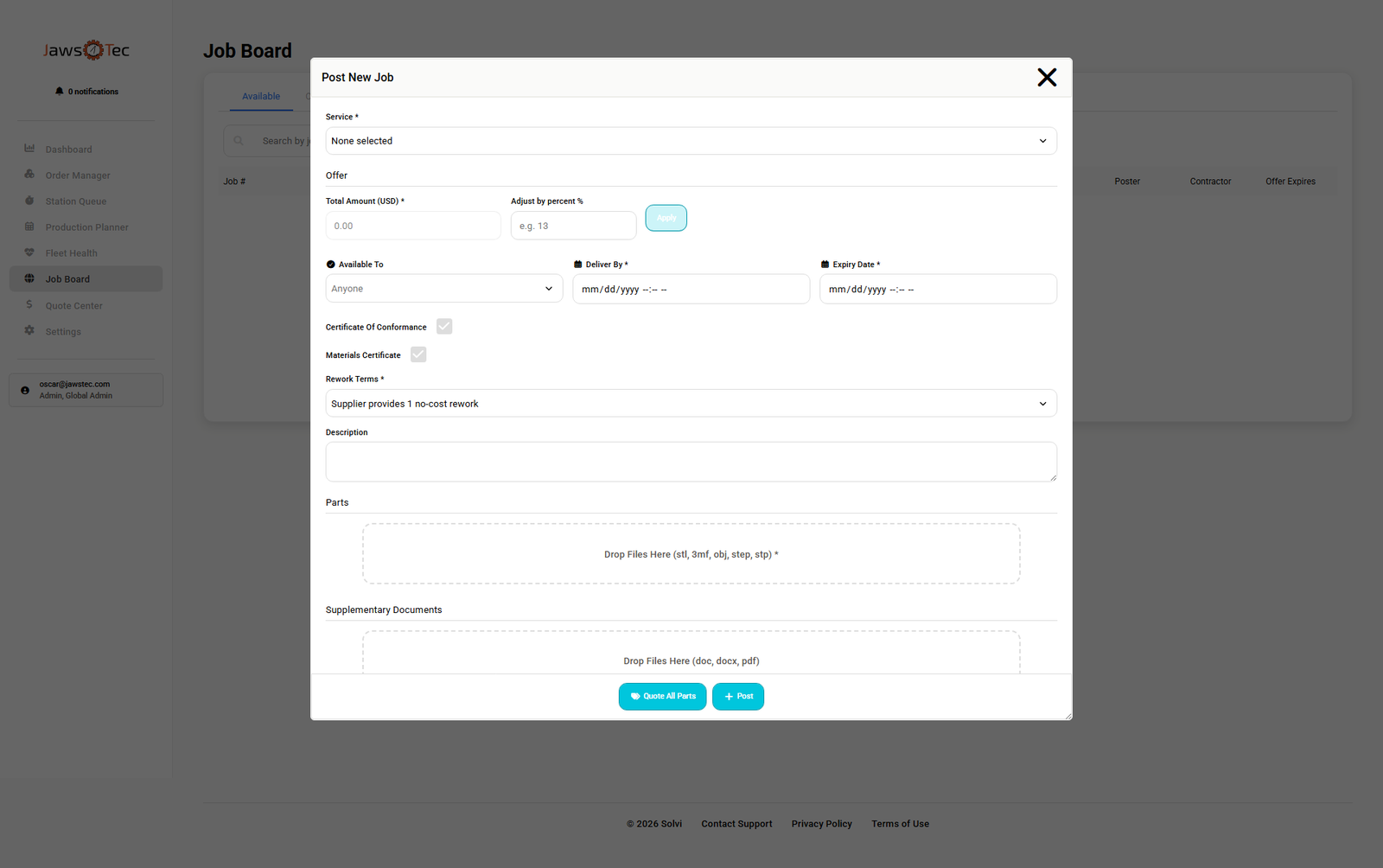 Solvi Job Board: create a job with price, delivery date, certs and rework terms