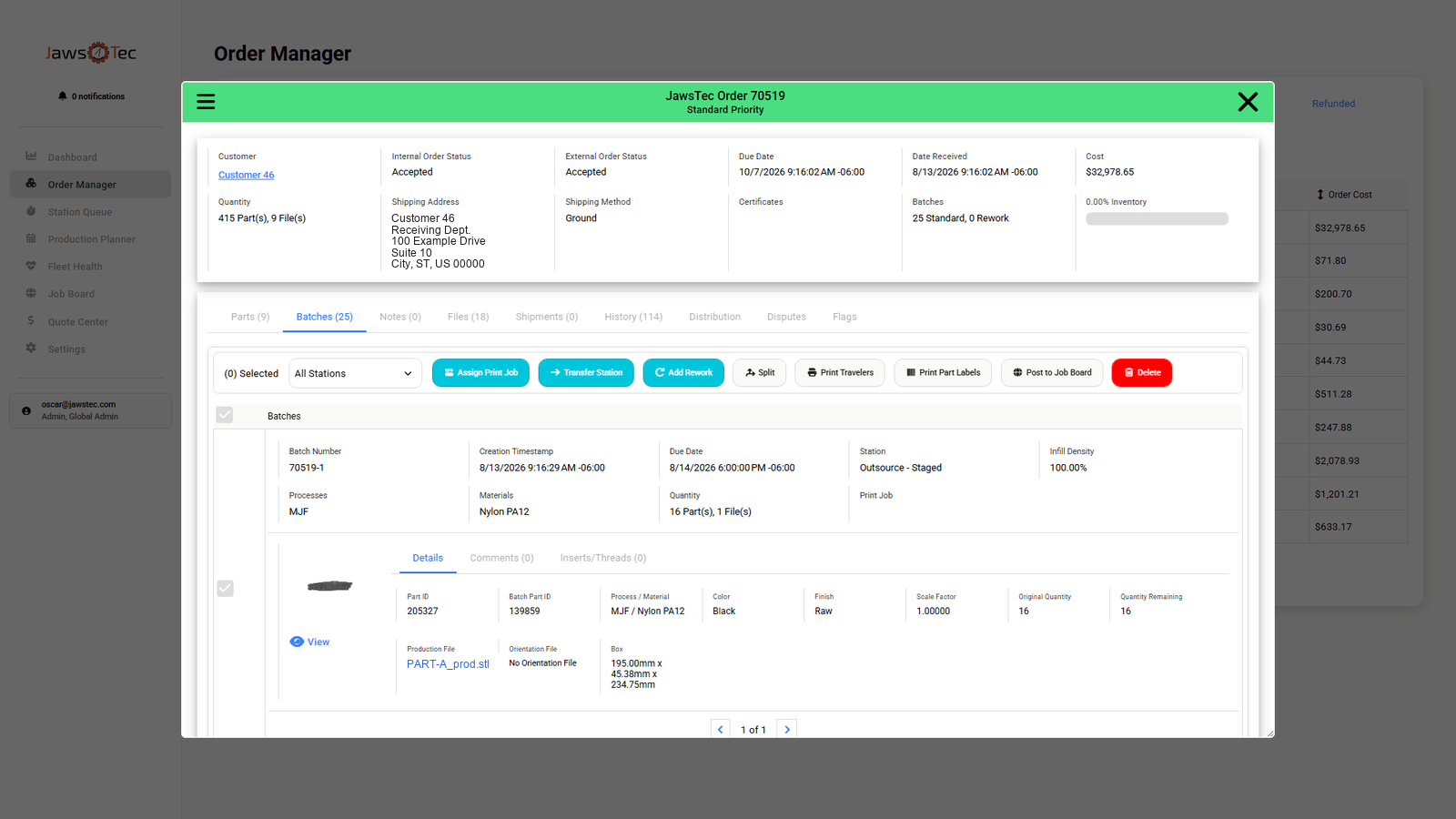 Solvi order batches tab with the Post to Job Board button
