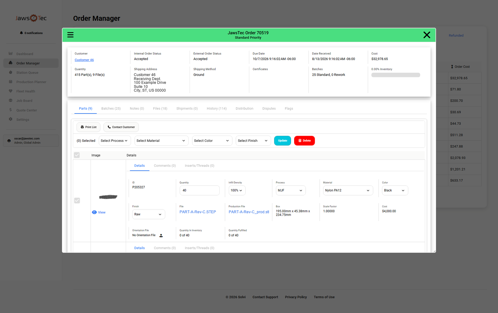 Solvi order detail with parts, batches and status history Solvi order detail with parts, batches and status history