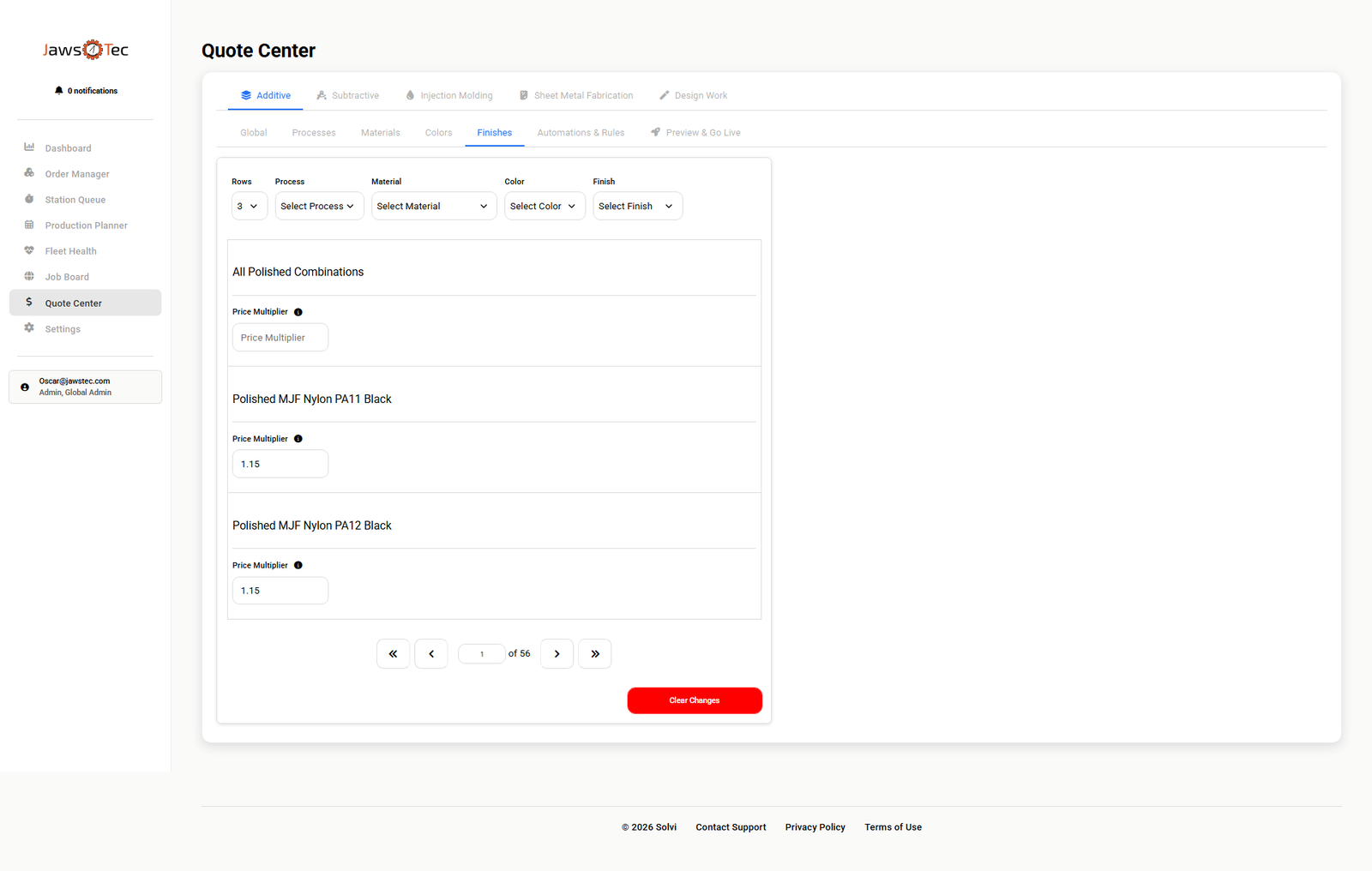 Solvi Quote Center: finishes and post-processing options