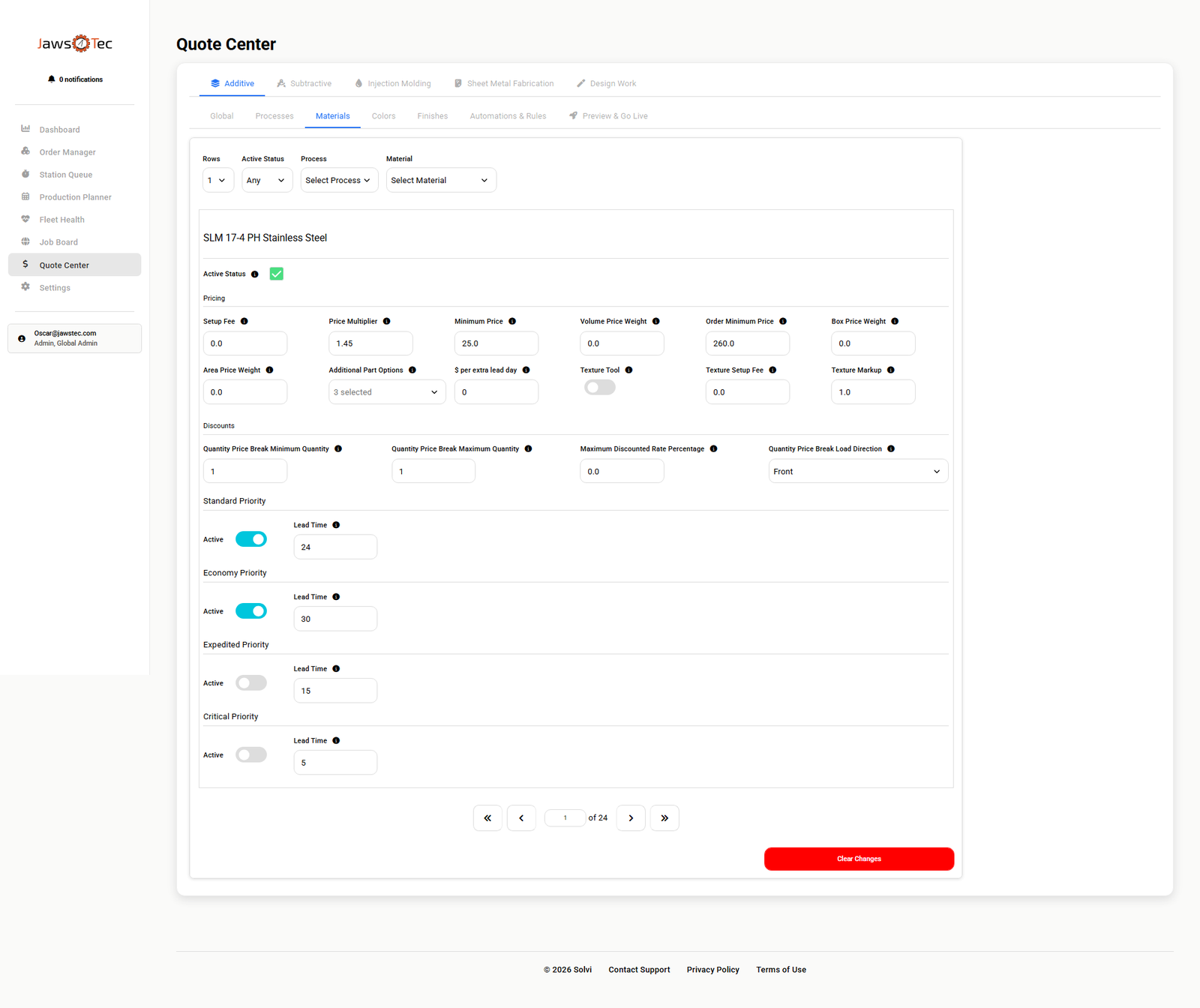 Solvi Quote Center: materials and pricing per process