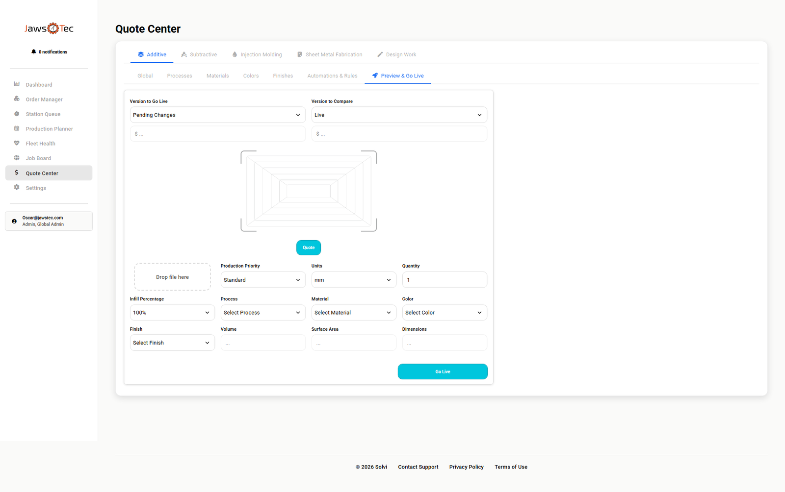 Solvi Quote Center: preview a price change before going live