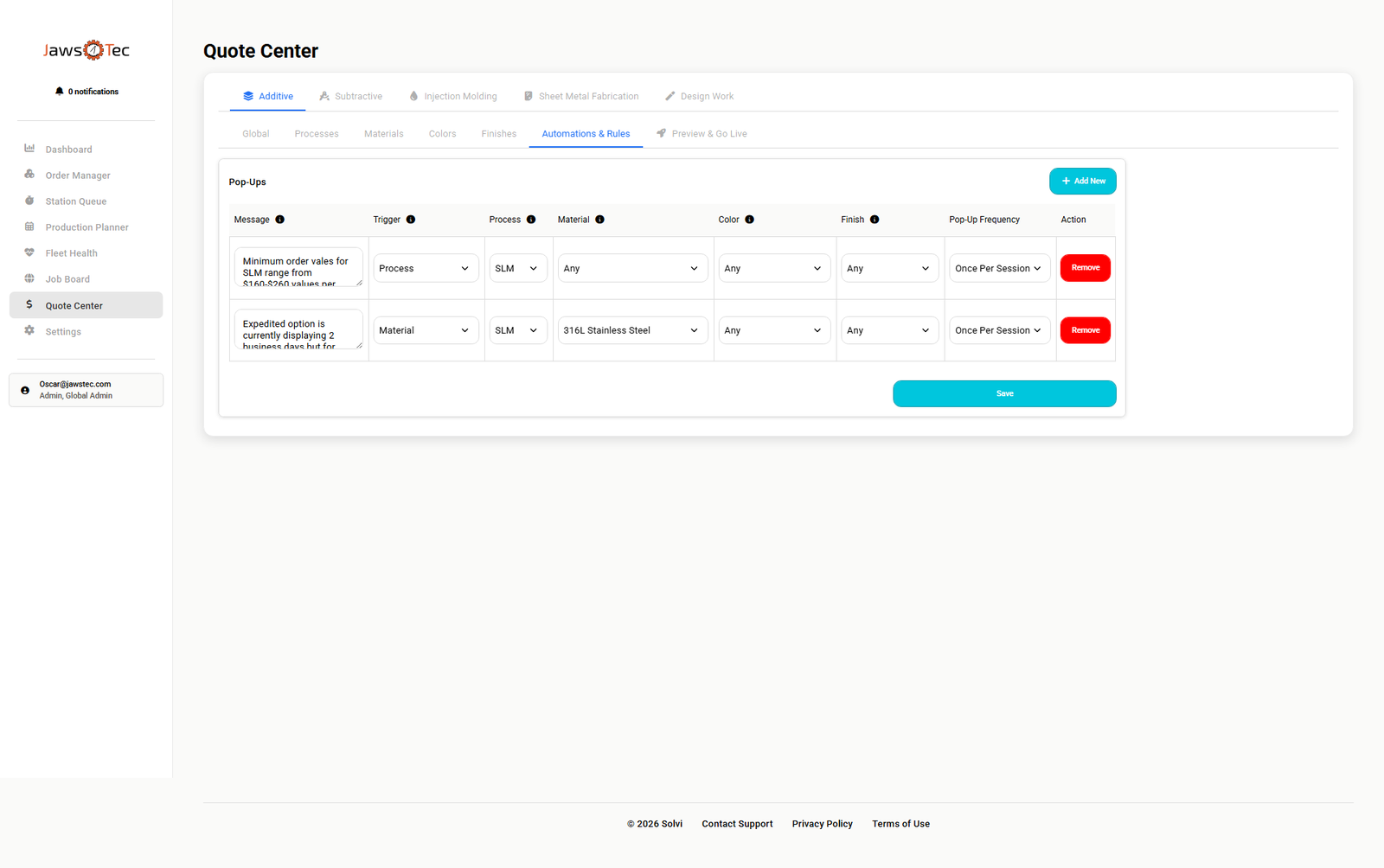 Solvi Quote Center: automations and pricing rules