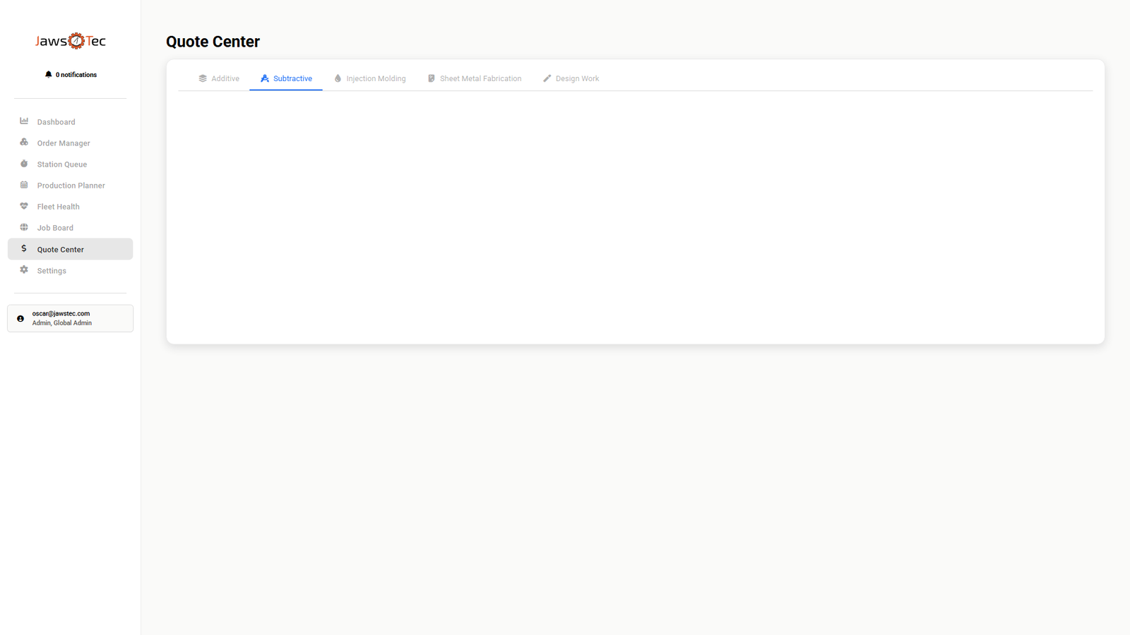 Solvi Quote Center: CNC machining tab, quoting in development